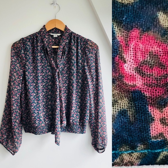 American Eagle Floral Tie Front Floral Button Dwn Blouse Smocked Waist Top Sz S - Picture 14 of 14